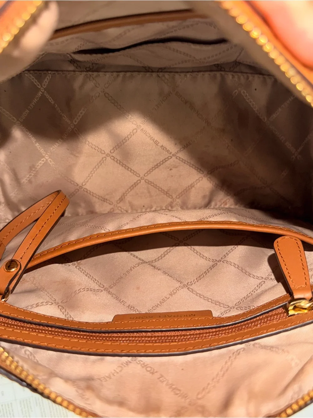 Michael Kors Tan and White Signature Stripe Satchel